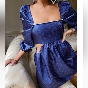 Danielle Bernstein women navy rhinestone polka dot pouf mini party dress